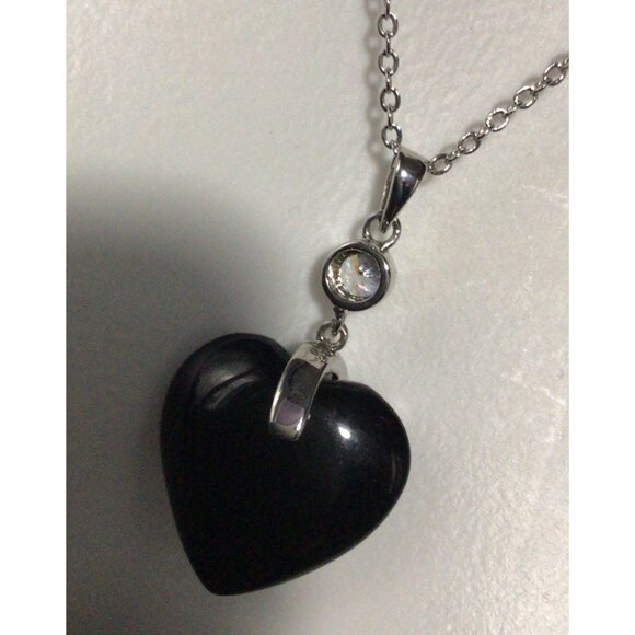 Black Heart Pendant Necklace & Earrings Set With Rhinestone Accents Silver Chain - Picture 4 of 6